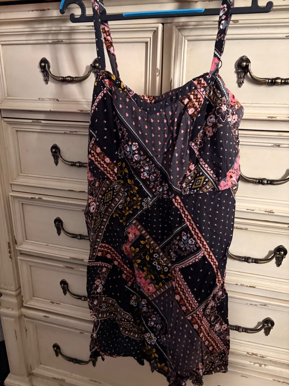 torrid Black Floral Patchwork Cami Dress with Pink and Mustard Accents Size 1